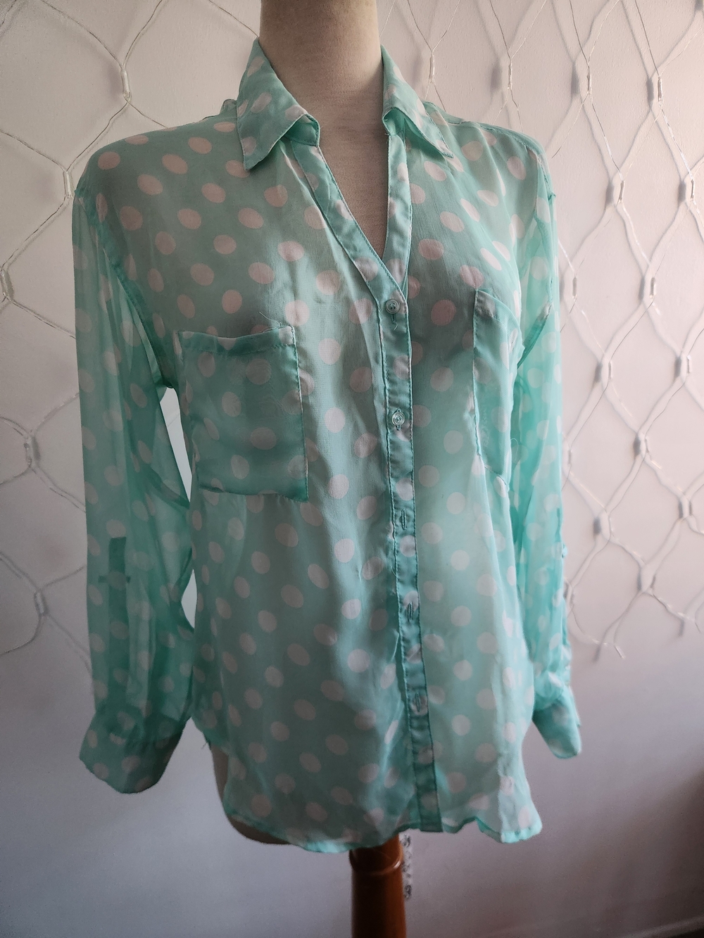 Mint Polka Dot Button-Up Blouse by Wet Seal • Roll Up Sleeve • Tagged Large